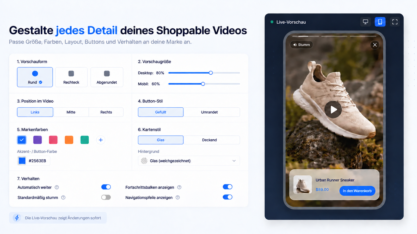 CompleteGreet-Einstellungen zum Anpassen eines Shoppable-Video-Widgets.