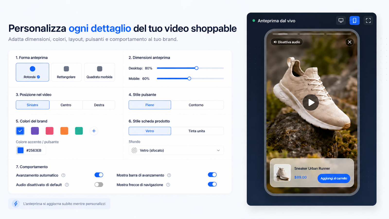 Schermata di CompleteGreet per personalizzare un widget video shoppable