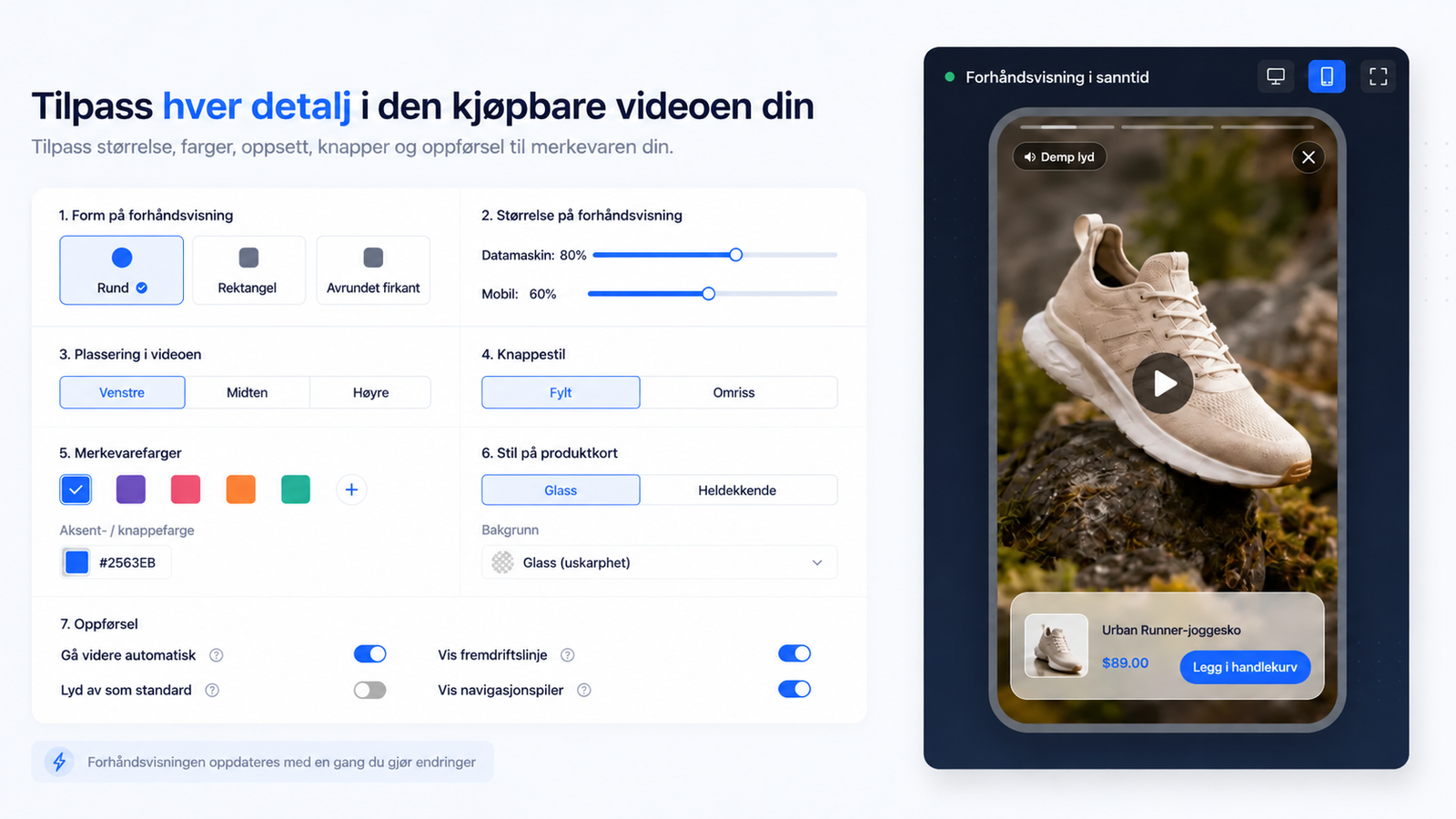 CompleteGreets innstillinger for å tilpasse en widget med kjøpbar video