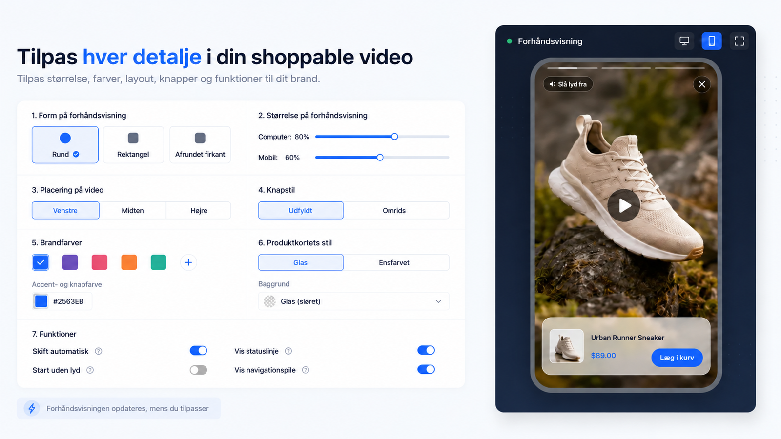 Shoppable video i julegaveguider 3 CompleteGreets indstillinger til tilpasning af en shoppable video-widget.
