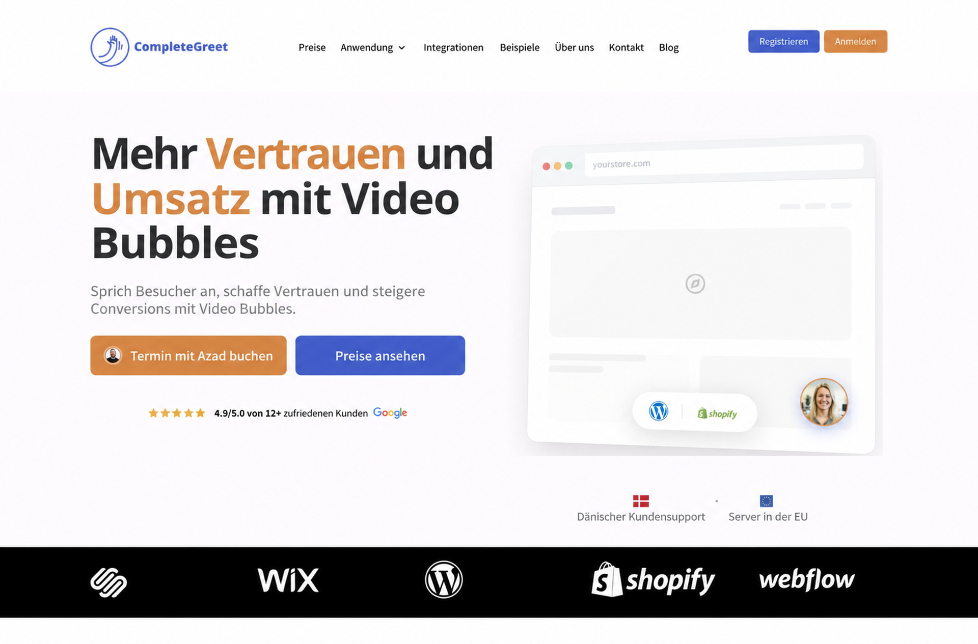 Videowise vs. Bambuser für Video-Commerce 3 CompleteGreet-Startseite mit Video Bubbles und Kontaktmöglichkeiten