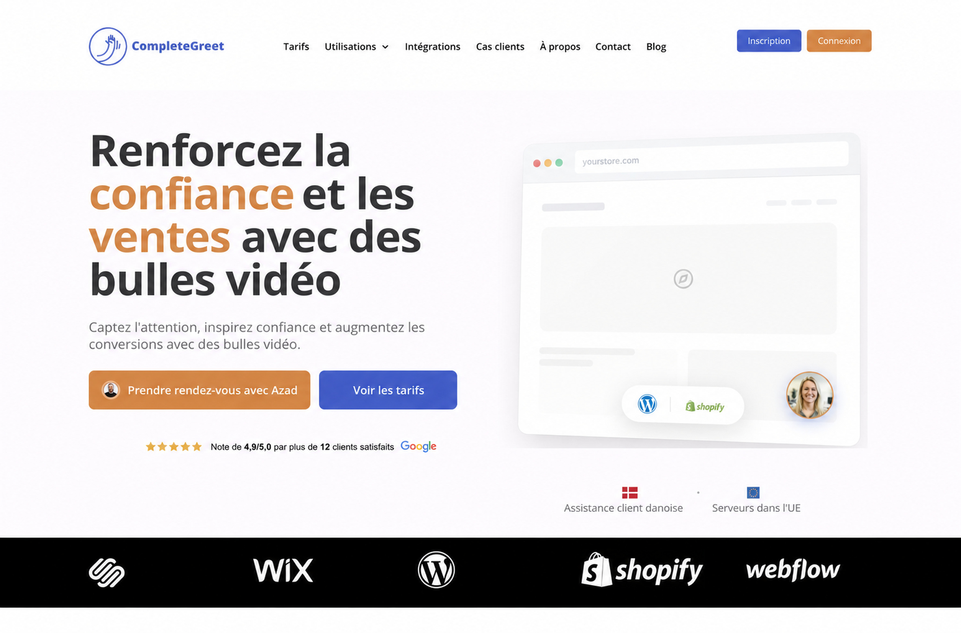 Videowise ou Bambuser pour le commerce vidéo 3 En-tête de la page d’accueil de CompleteGreet présentant des bulles vidéo pour renforcer la confiance et les ventes.