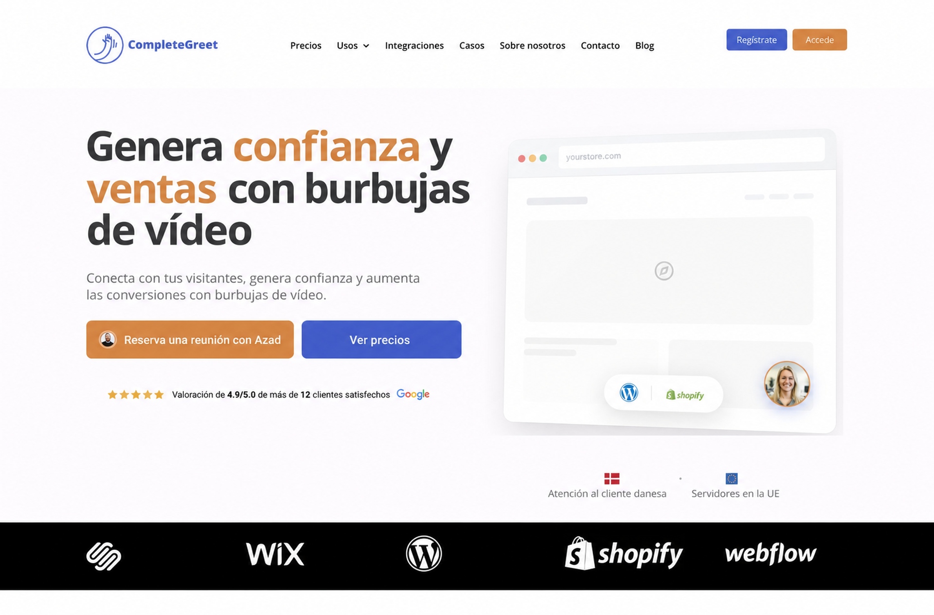 Cabecera de la página de inicio de CompleteGreet con burbujas de vídeo para generar confianza y ventas.