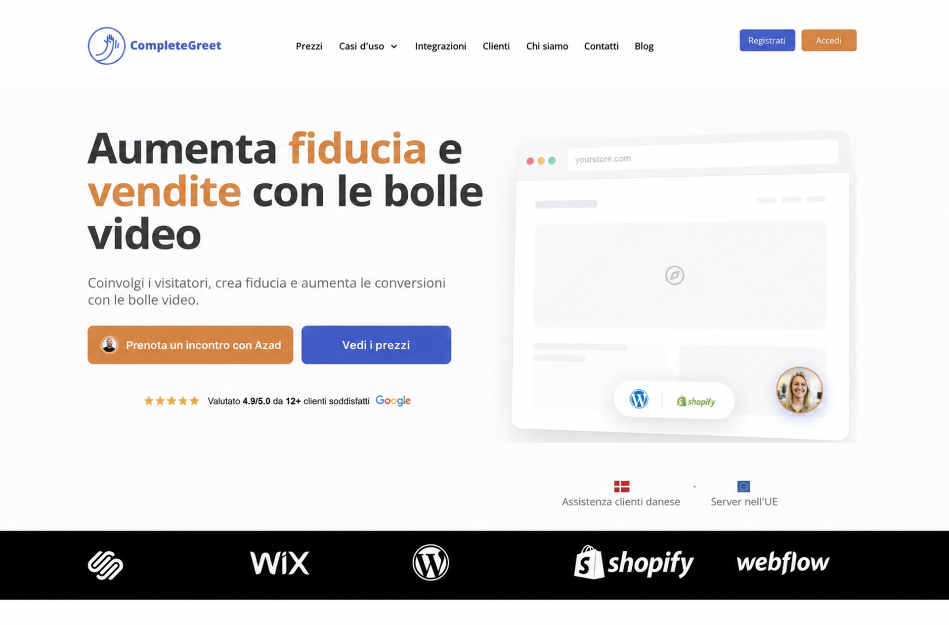 Videowise vs Bambuser per il video commerce 3 Sezione iniziale del sito CompleteGreet con bolle video per aumentare fiducia e vendite.