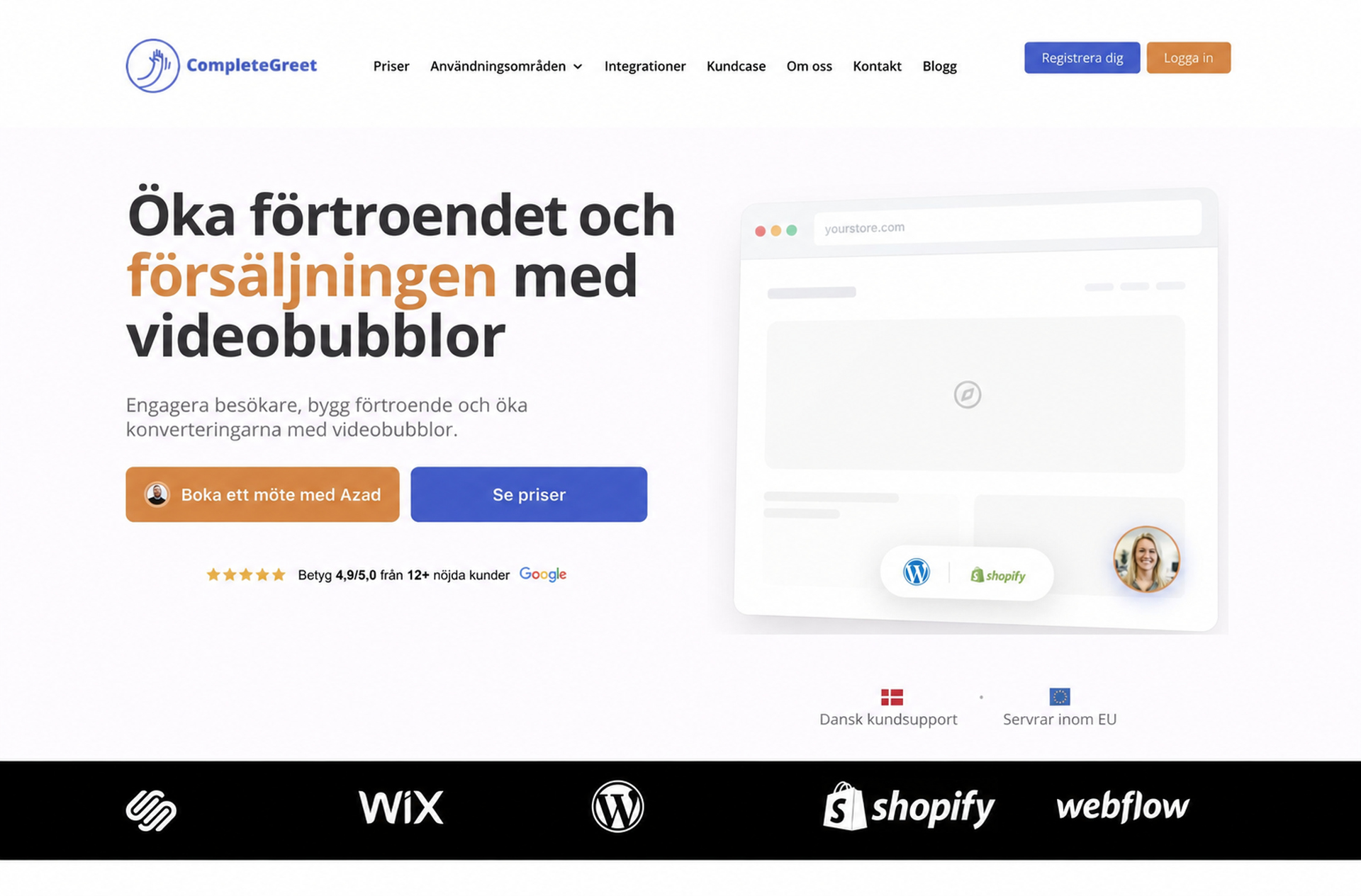 Videowise vs Bambuser för videohandel 3 CompleteGreets startsida med videobubblor och knappar för bokning och priser.