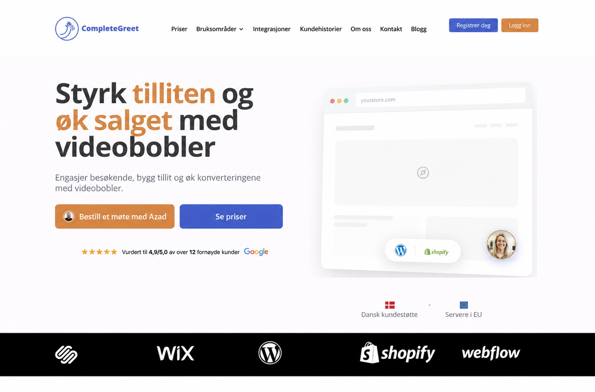 CompleteGreet-forsiden med videobobler og kontaktmuligheter