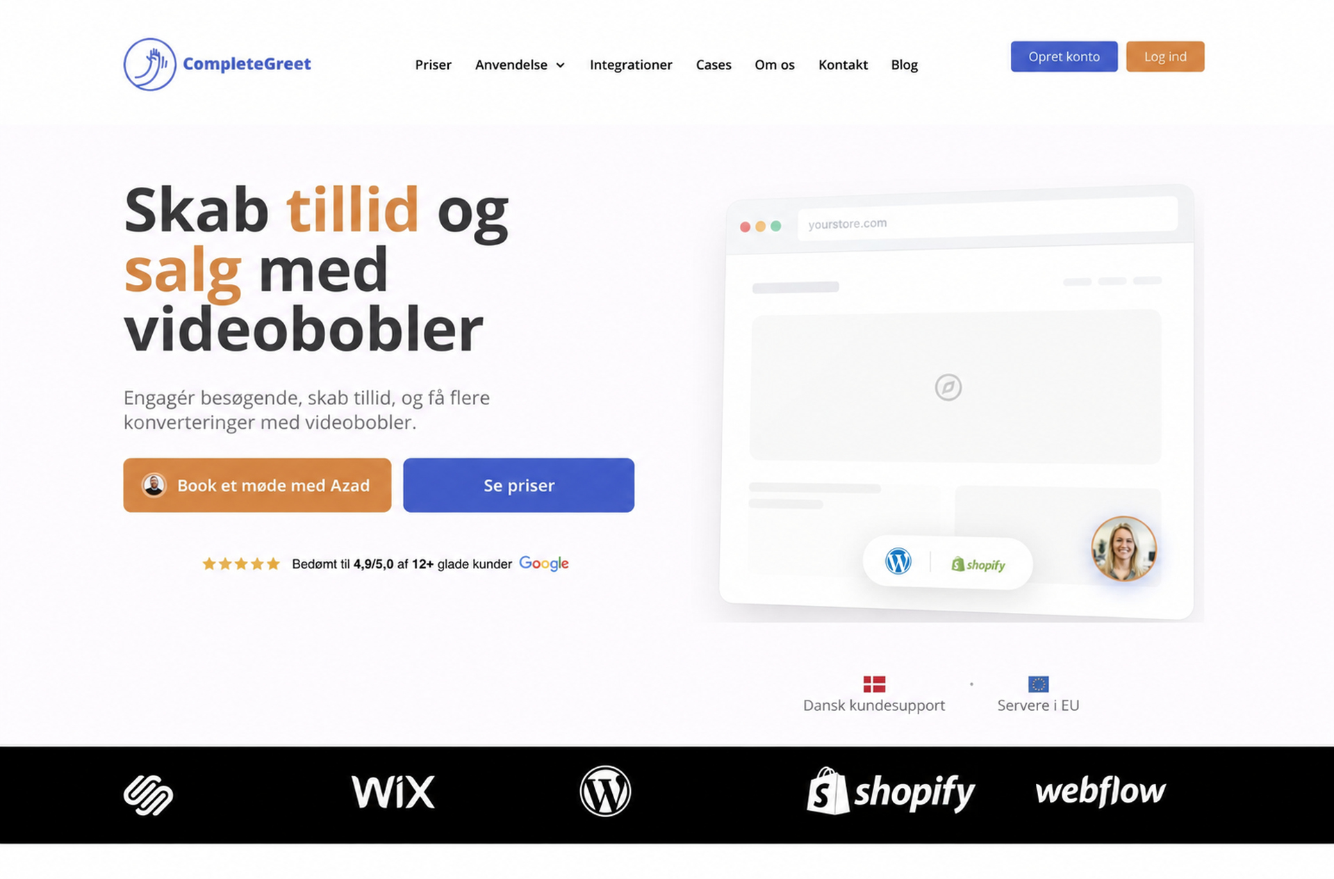 CompleteGreets forside med videobobler, der skal skabe tillid og salg.