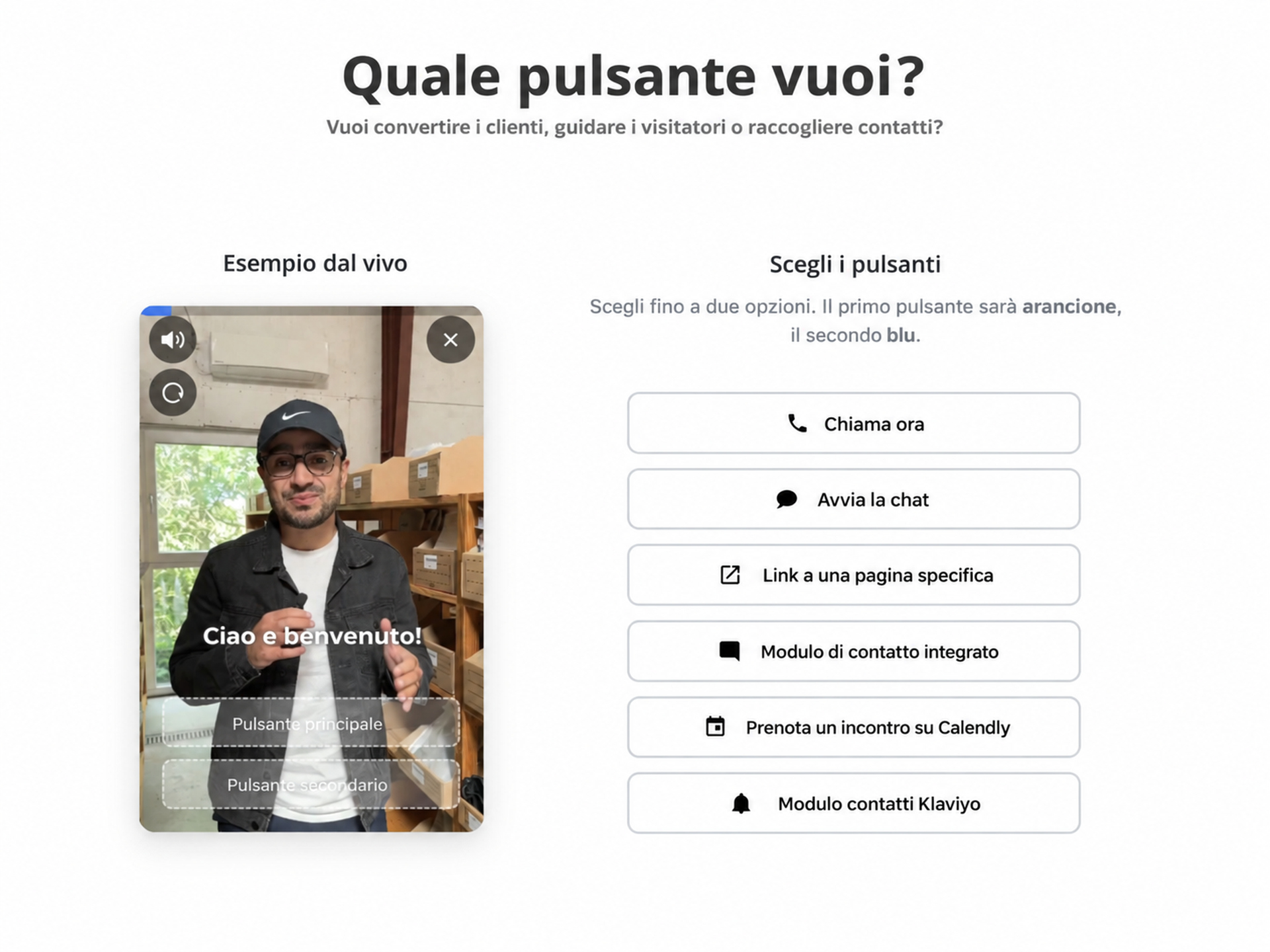 Opzioni dei pulsanti del widget video CompleteGreet: chiamata, chat, link, modulo, prenotazione e prodotti.
