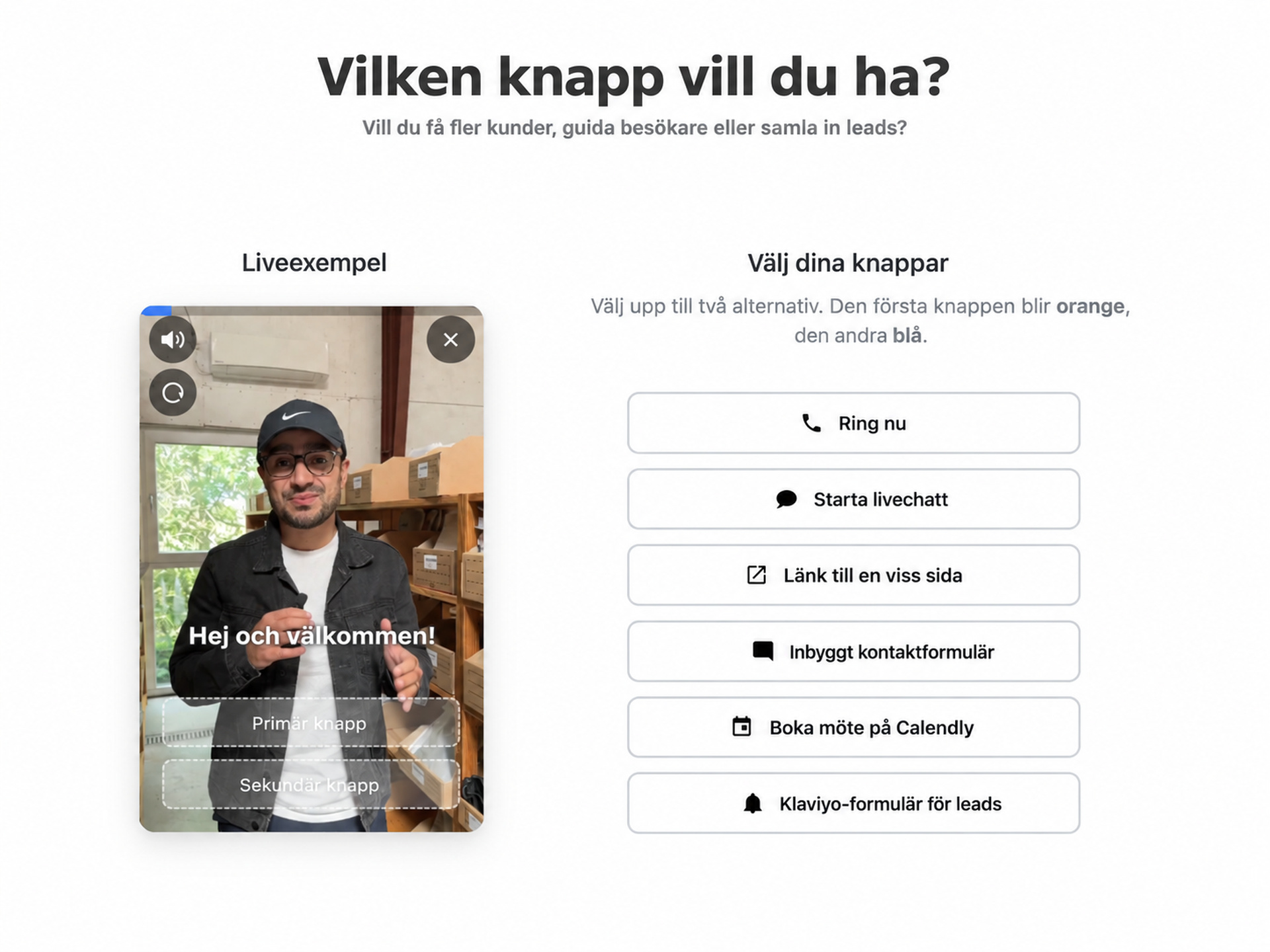 Knappalternativ i CompleteGreets videowidget, bland annat samtal, chatt, länk, formulär, bokning och produktknappar.