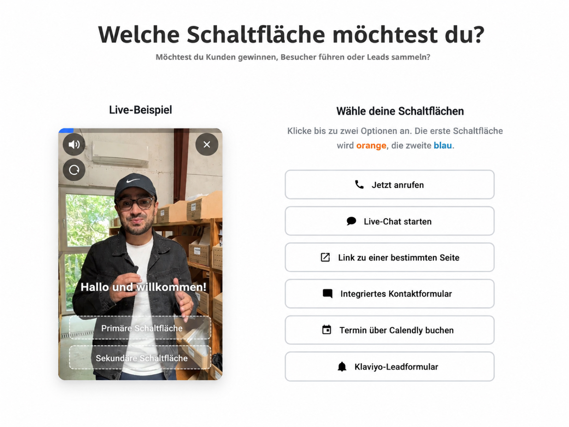 CompleteGreet-Video-Widget mit Schaltflächen für Anruf, Chat, Link, Formular, Terminbuchung und Produkte.