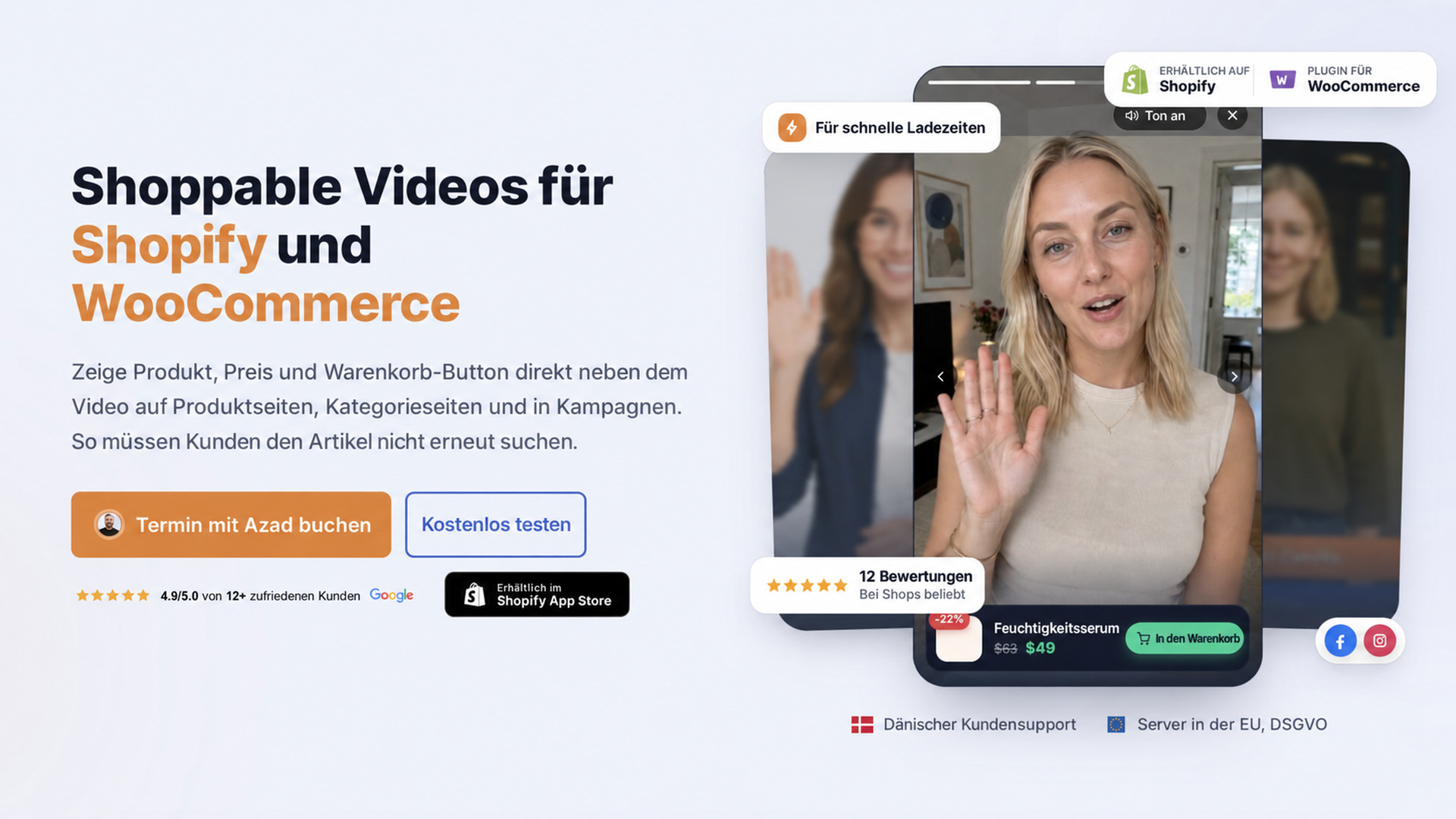 Startbereich von CompleteGreet zu Shoppable Videos für Shopify und WooCommerce.
