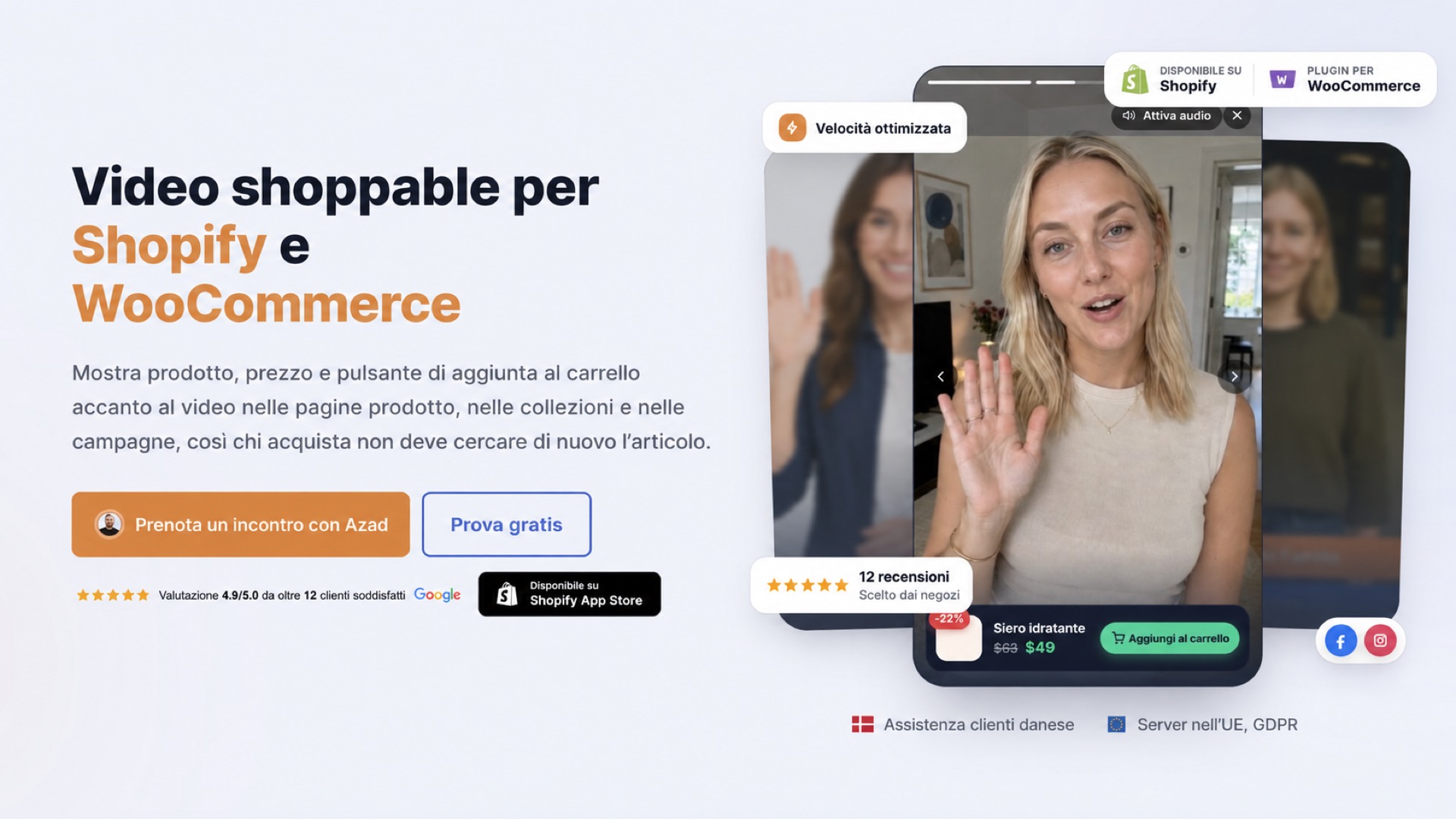 Sezione principale di CompleteGreet sui video shoppable per Shopify e WooCommerce