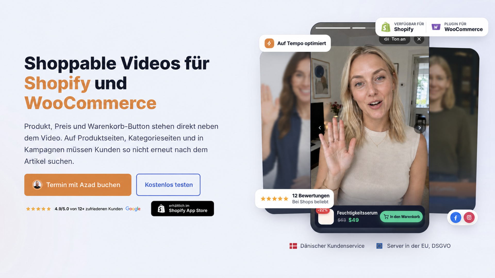 Startseitenbereich von CompleteGreet für Shoppable Videos auf Shopify und WooCommerce.