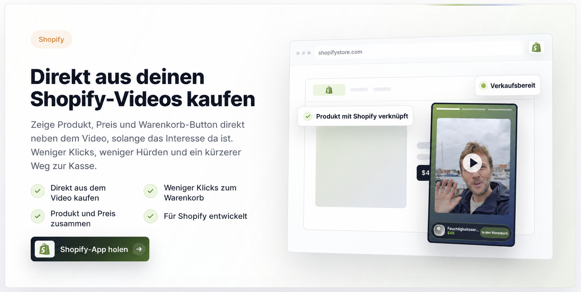 Startbereich von CompleteGreet zu Shoppable Videos für Shopify.