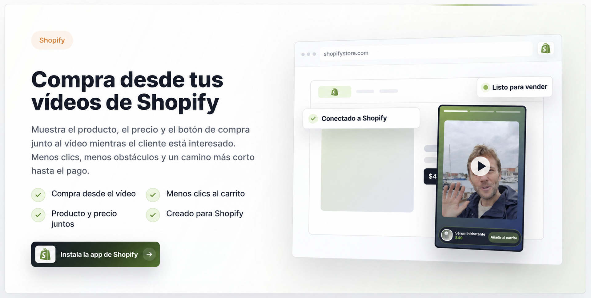 Cómo convertir tus mejores anuncios en vídeos para páginas de producto 1 Sección principal de CompleteGreet sobre vídeos con compra para Shopify.