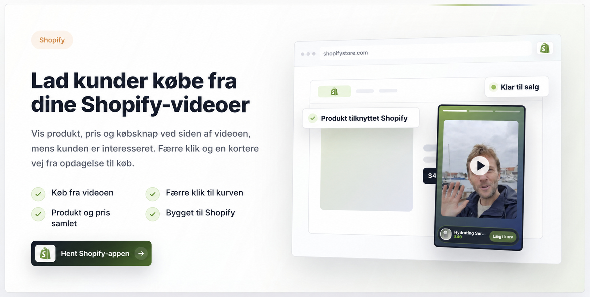 CompleteGreets topsektion om shoppable videos til Shopify.