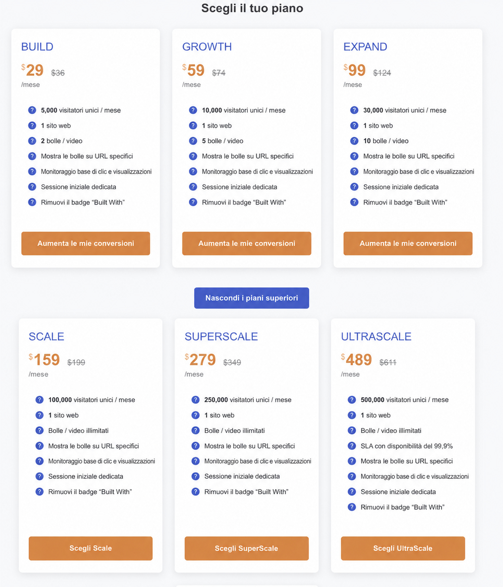 Videowise vs Bambuser per il video commerce 2 Panoramica dei piani di prezzo di CompleteGreet con diversi livelli di abbonamento.