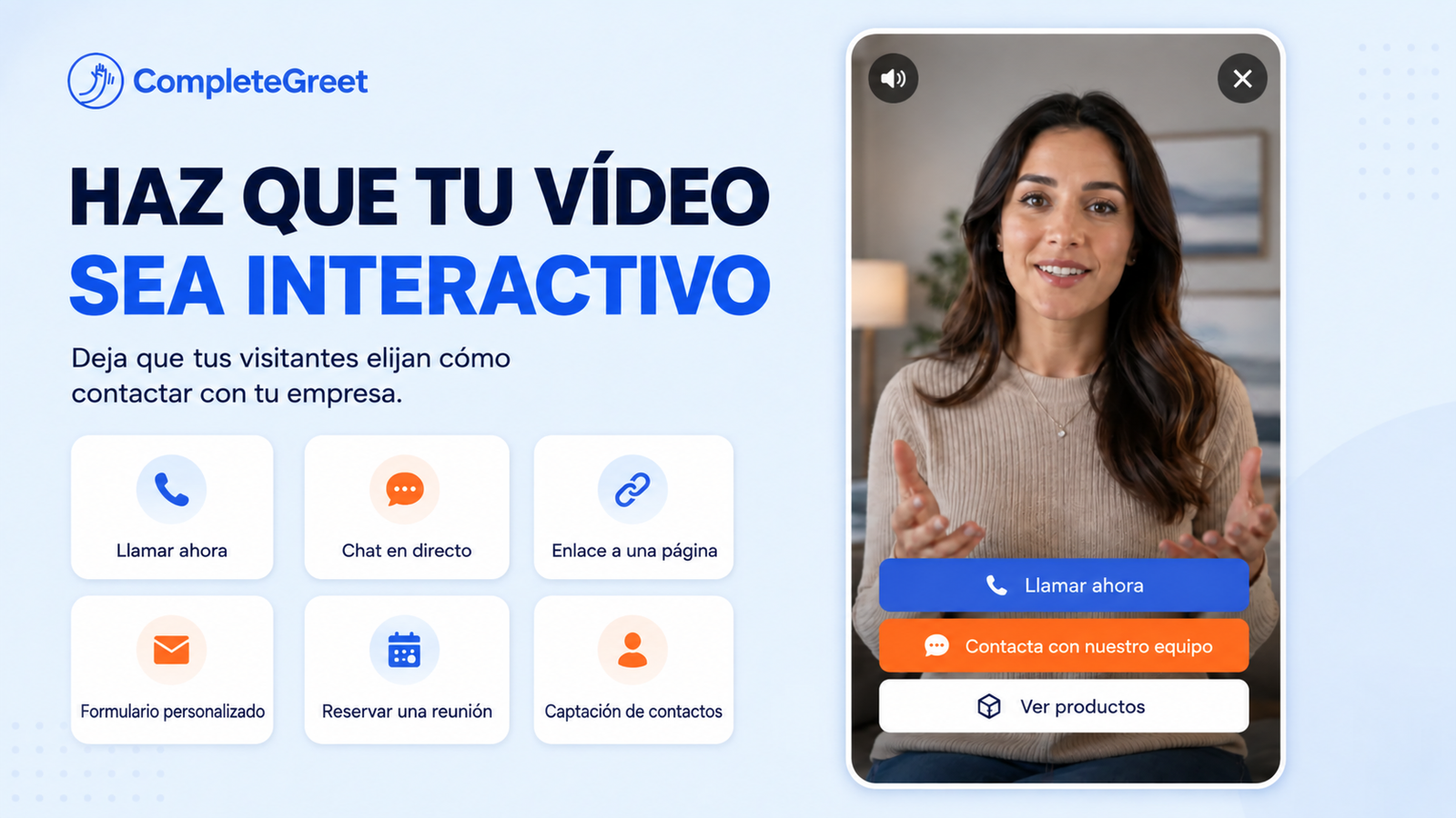 Widget de devolución de llamada para tu web: cómo captar más clientes por teléfono 2 Widget de vídeo de CompleteGreet con botones de llamada, chat, enlace, reserva y productos.