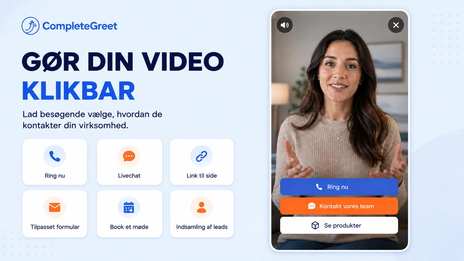 CompleteGreet med videoknapper til opkald, chat, links, mødebooking og produkter