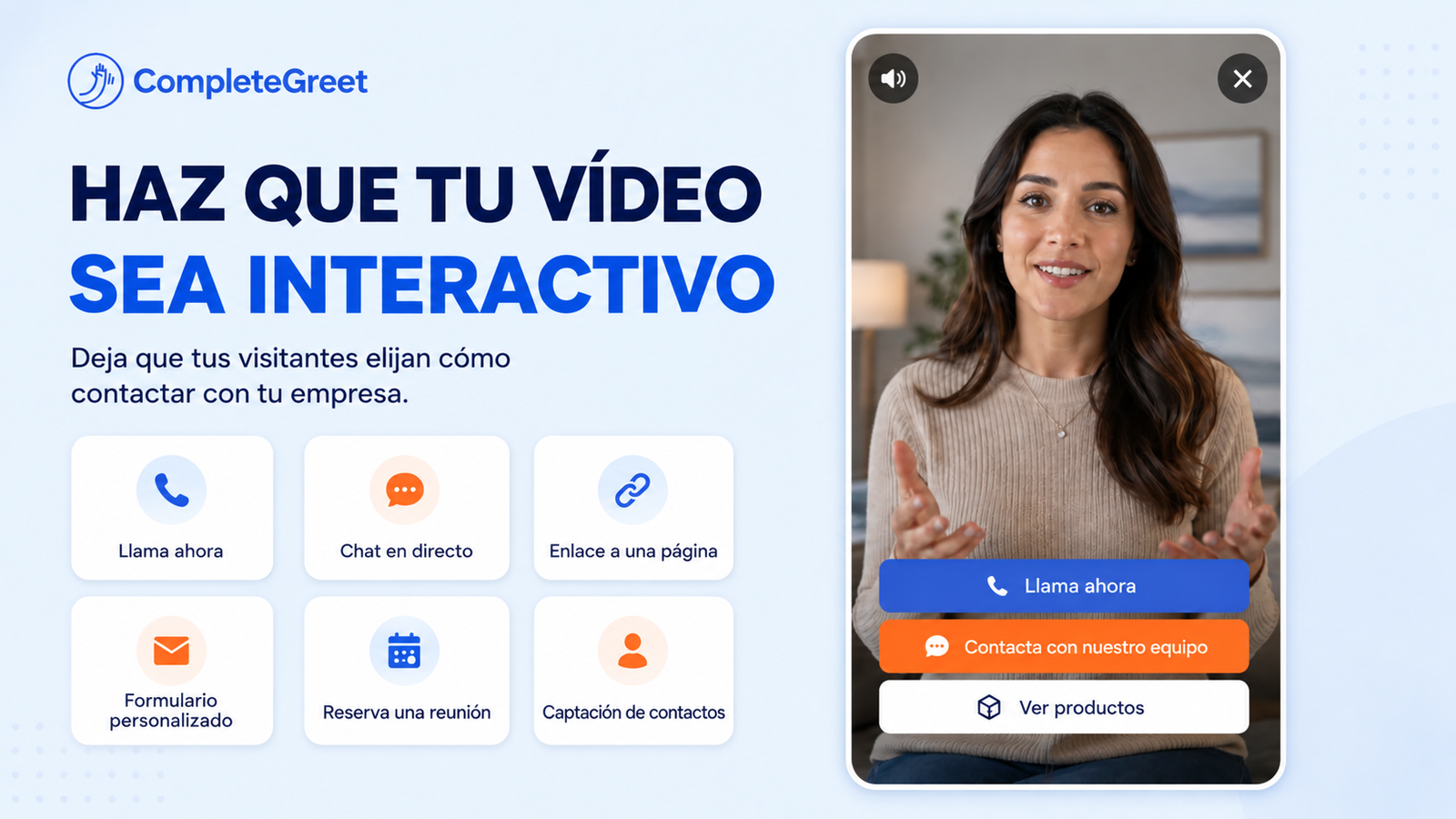 Widget de vídeo interactivo de CompleteGreet con botones de llamada, chat, enlace, reserva y productos.
