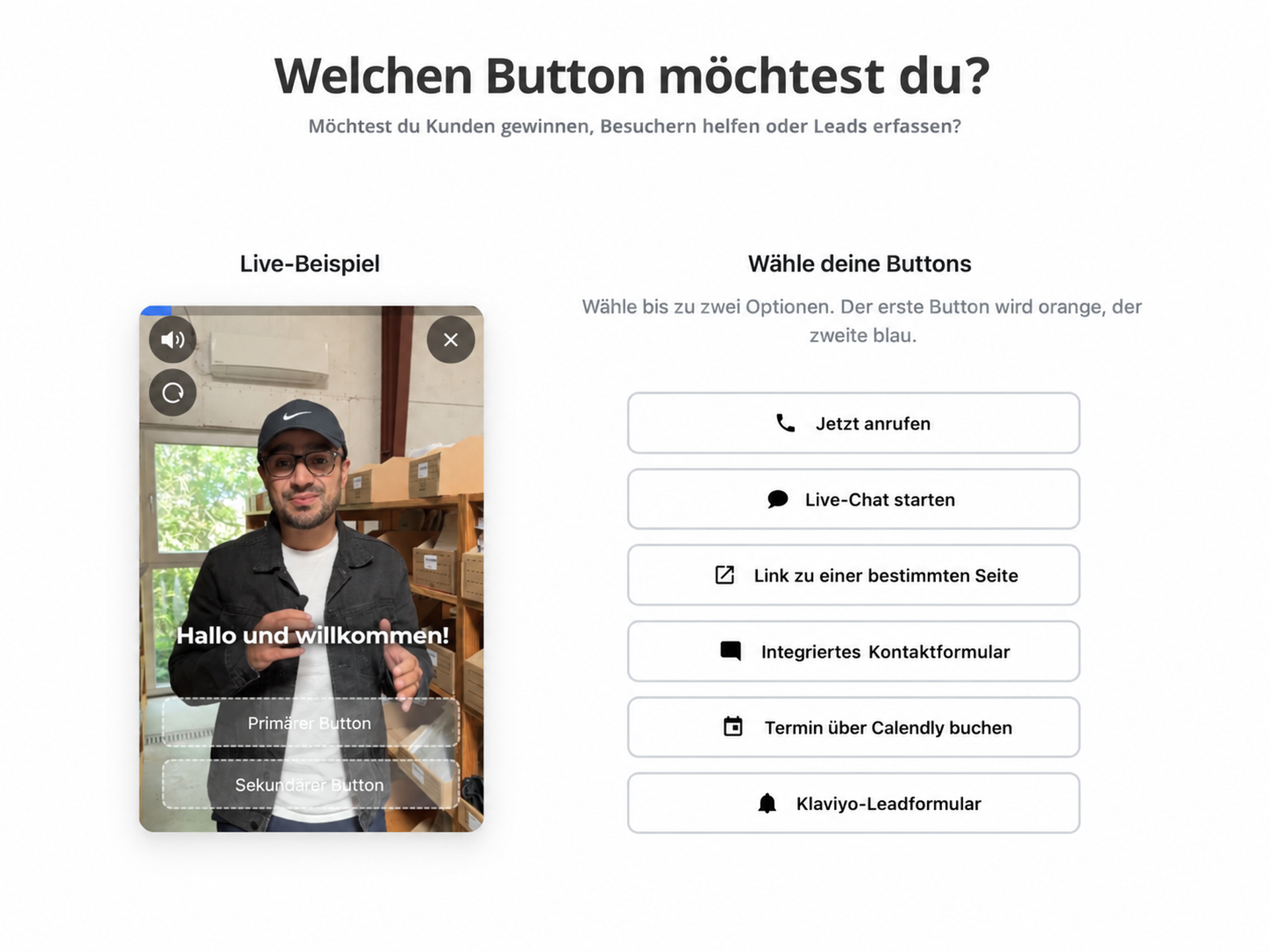 CompleteGreet-Video-Widget mit Buttons für Anrufe, Chat, Links, Formulare, Termine und Produkte.