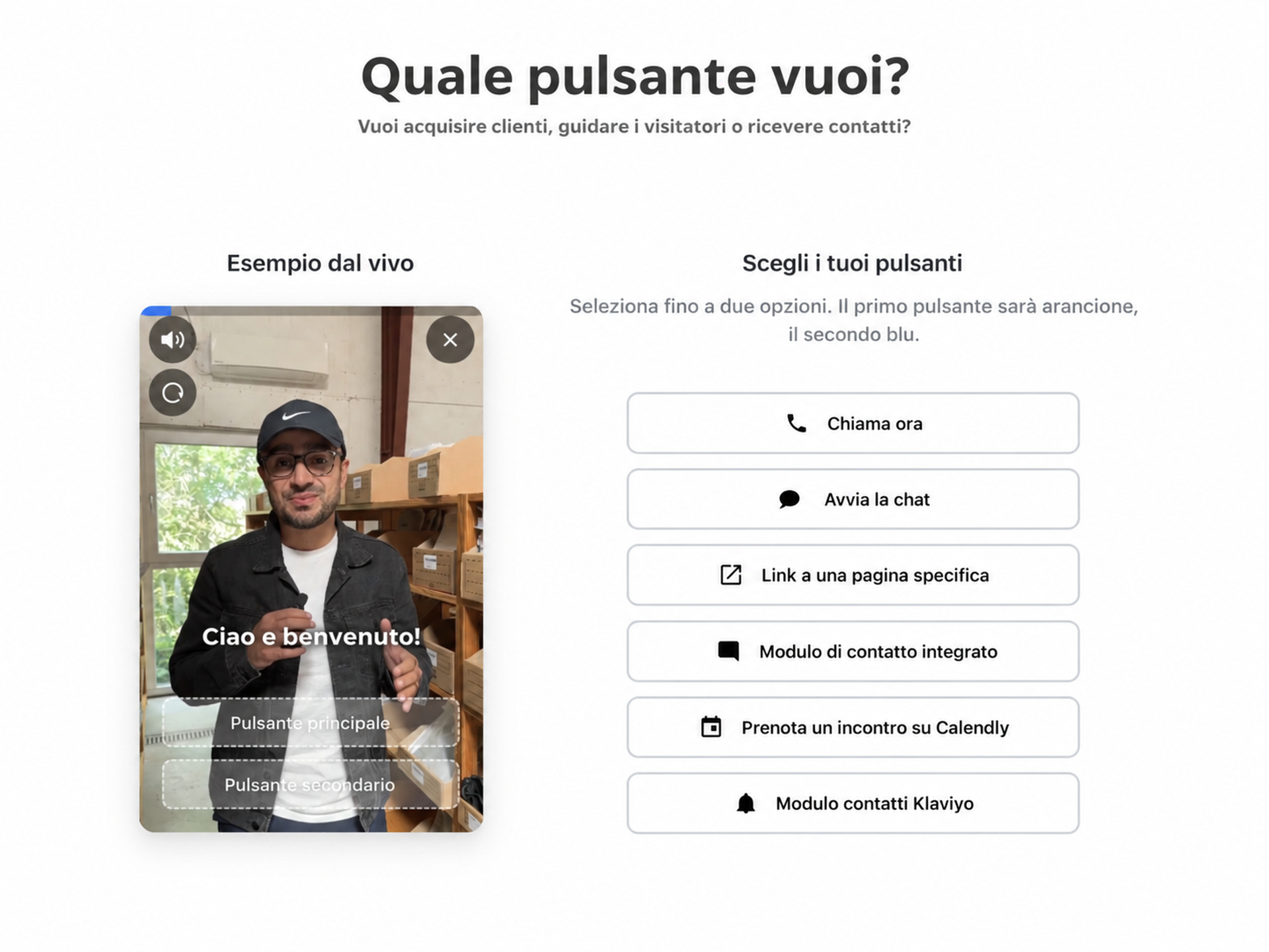Opzioni dei pulsanti del widget video CompleteGreet: chiamata, chat, link, modulo, prenotazione e prodotti.