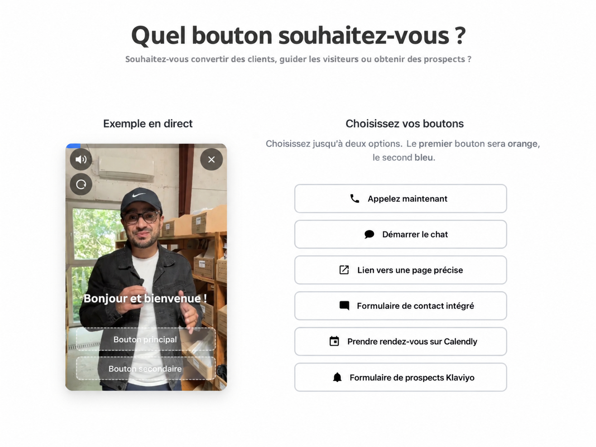 Comment ajouter un widget vidéo dans Elementor 4 Options de boutons du widget vidéo CompleteGreet : appel, chat, lien, formulaire, rendez-vous et produits.