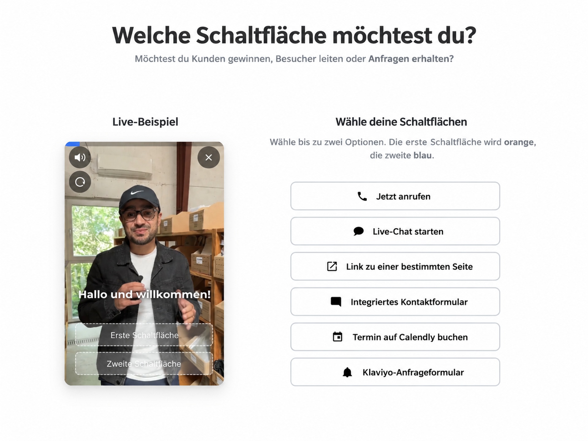 Schaltflächen für das CompleteGreet Video-Widget: Anruf, Chat, Link, Formular, Terminbuchung und Produkt.
