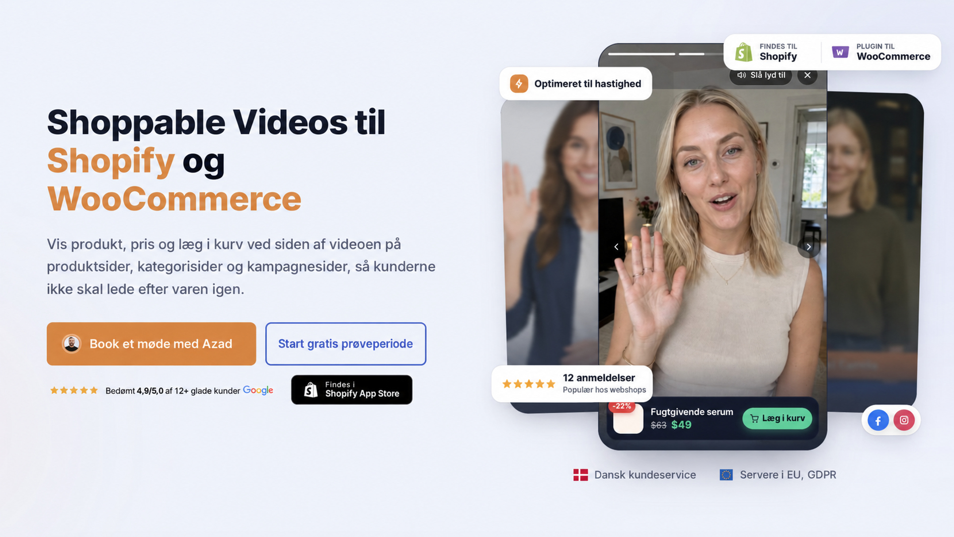 CompleteGreet hero section for Shopify and WooCommerce shoppable videos.