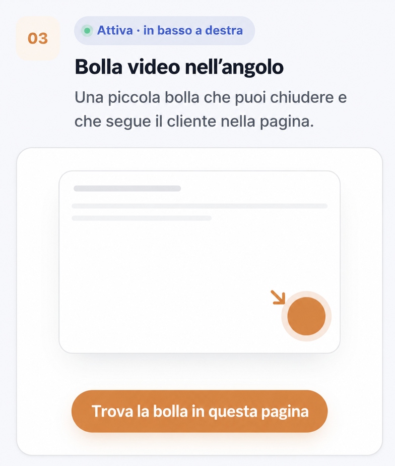 Bolla video CompleteGreet nell’angolo della pagina che segue i visitatori.