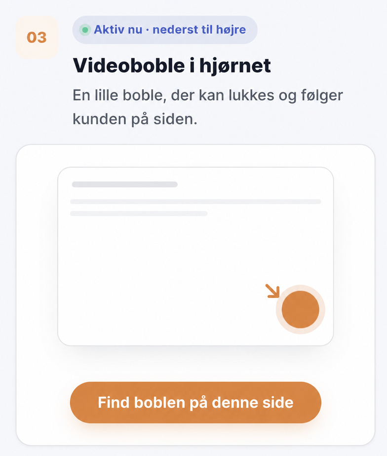 CompleteGreet videoboble i hjørnet, der følger kunden på siden.